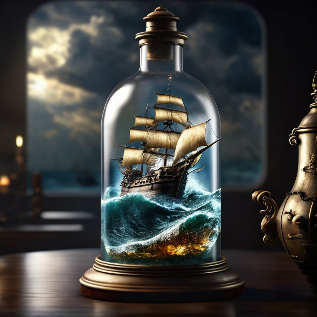 The galleon is inside a glass bottle filled with water, dark clouds, waterspouts,photorealistic, masterpiece, surrealistic, details, 8k 