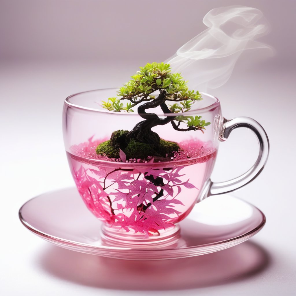 mini bonsai in a tea cup, pink leaf, sparkle, transparent tea cup, smoke around, fishes in a cup,