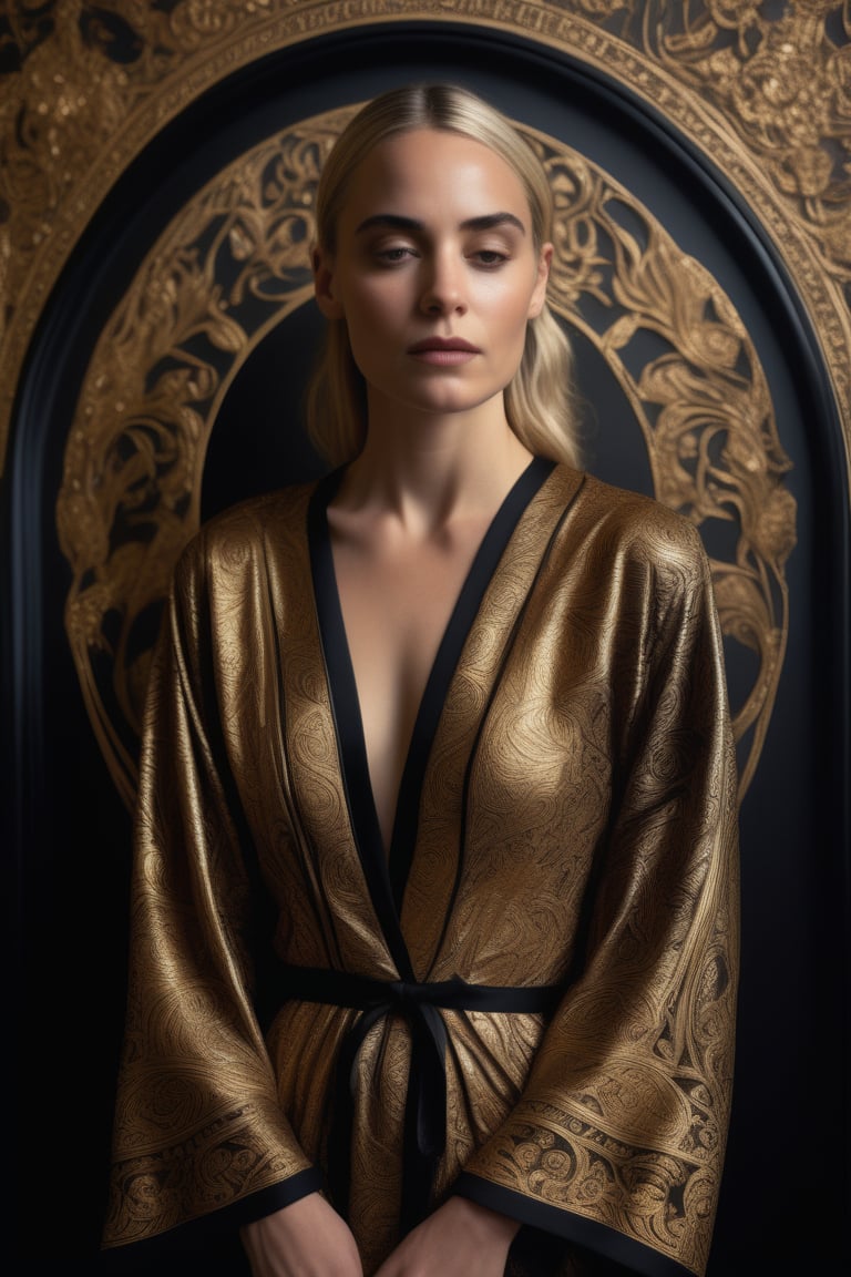 realism, beautiful, photo realistic, detailed, art nouveau, girl like Alex Garland, wearing a golden and black robe with calligraphy on it, ultra detailed, photorealistic, highly detailed, cinematic,