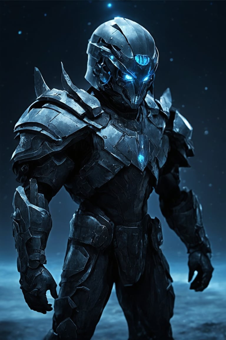 A lone, armored warrior stands tall amidst a futuristic, desolate landscape. His piercing blue eyes glow with an otherworldly intensity, illuminated by the faint light of distant stars. The armor encasing his physique is adorned with intricate details, as if forged from ancient technology. A gleaming arm blade extends from his shoulder, ready to strike. In the darkness, only his glowing helmet and radiant eyes stand out, like beacons calling forth an alien power.