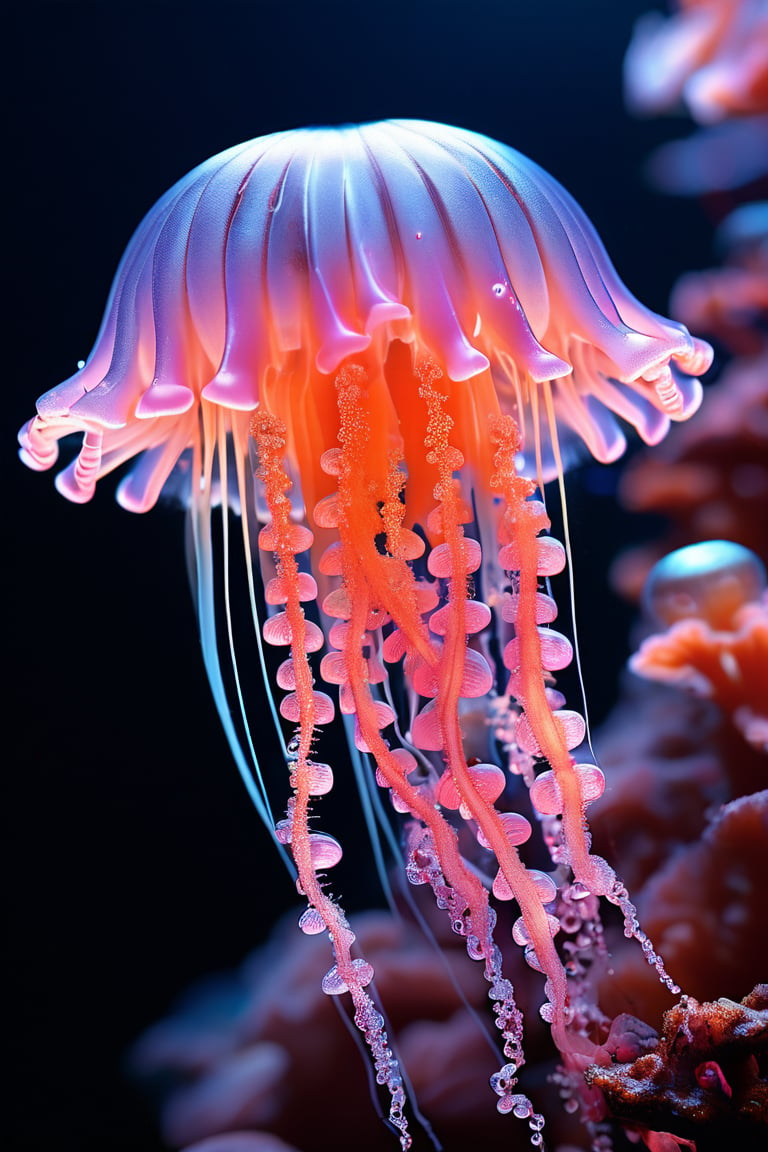 photo RAW, (Black and pink : a ghostly jellyfish, shiny aura, highly detailed, gold filigree, intricate motifs, glowing stardust, perfect composition, smooth, sharp focus, sparkling particles, lively coral reef background Realistic, realism, hd, 35mm photograph, 8k), masterpiece, award winning photography, natural light, perfect composition, high detail, hyper realistic,vivid color