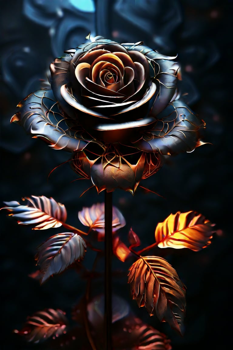 cinematic photo breathtaking hyperrealistic art A digital illustration combining elements of two images: a scene of black, charred roses with faetastic Glowing  embers amidst a dark, ash-covered ral-oilspill ground, and an shiny intricate  fractal design resembling a ral-polishedsteel golden flower with complex patterns and details. The composition blends the dark, burnt elements with the bright, glossy elegant fractal flower, creating a dramatic and surreal visual effect with high contrast and day-glo details. Extremely high-resolution details, photographic, realism pushed to extreme, fine texture, incredibly lifelike . award-winning, professional, highly detailed . 35mm photograph, film, bokeh, professional, 4k, highly detailed