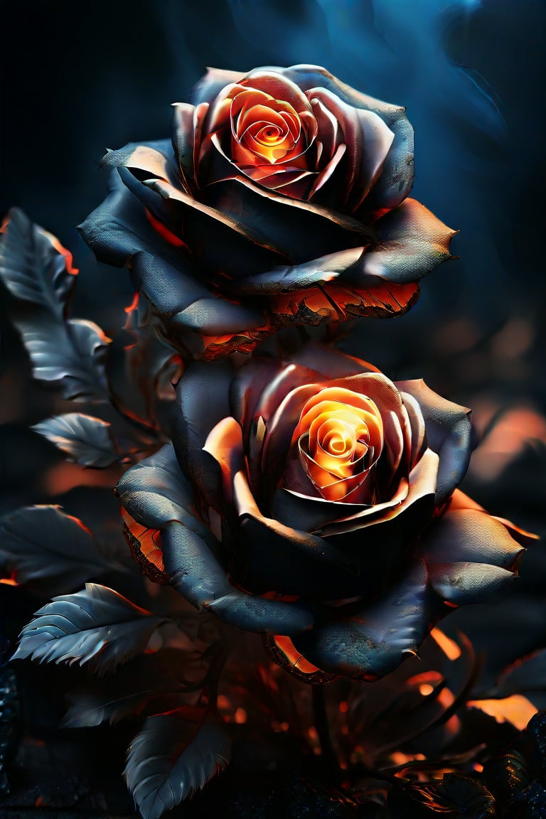 cinematic photo breathtaking hyperrealistic art A digital illustration combining elements of two images: a scene of black, charred roses with faetastic Glowing  embers amidst a dark, ash-covered ral-oilspill ground, and an shiny intricate  fractal design resembling a ral-polishedsteel golden flower with complex patterns and details. The composition blends the dark, burnt elements with the bright, glossy elegant fractal flower, creating a dramatic and surreal visual effect with high contrast and day-glo details. Extremely high-resolution details, photographic, realism pushed to extreme, fine texture, incredibly lifelike . award-winning, professional, highly detailed . 35mm photograph, film, bokeh, professional, 4k, highly detailed