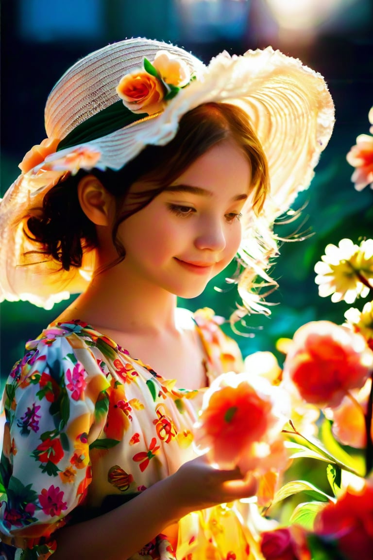 (extreme close up:1.4), (face focus:1.4),(side face:1.4)),(1girl surrounded by soft_light:1.4), (backlighting:1.4), (lighting),(flowing fabric:1.3), ((Floral_summer_dress:1.4),(Straw_hat:1.3)),
(masterpiece), realistic, HDR, highly detailed, 8k, raw photo,
ambient occlusion, natural, harmonious composition, warm tones, fine art photography,