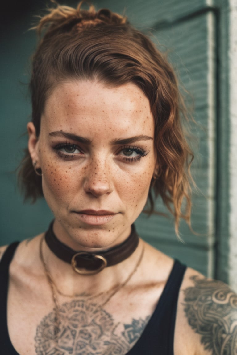 photo, rule of thirds, dramatic lighting, medium hair, detailed face, detailed nose, woman wearing tank top, freckles, collar or choker, smirk, tattoo, intricate background
,realism,realistic,raw,analog,woman,portrait,photorealistic,analog,realism