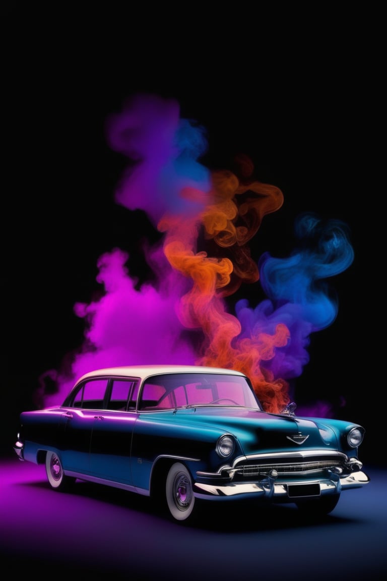 water, car, smoke, no humans, black background, gradient background,