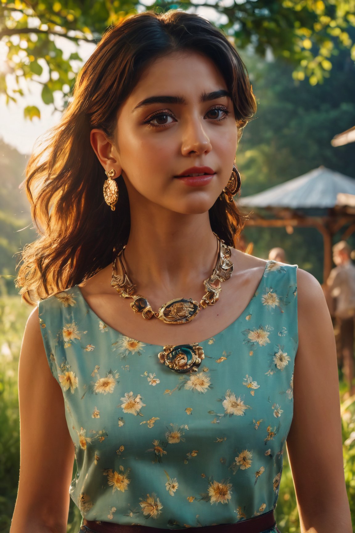 masterpiece, best quality, realistic, 8k, official art, cinematic light, ultra high res, 1girl,  standing, day, sunlight, light on face, earrings , jewelry , necklace , waitress, Nature reserve, hair light