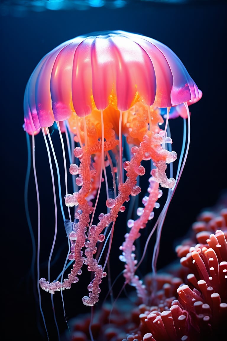 photo RAW, (Black and pink : a ghostly jellyfish, shiny aura, highly detailed, gold filigree, intricate motifs, glowing stardust, perfect composition, smooth, sharp focus, sparkling particles, lively coral reef background Realistic, realism, hd, 35mm photograph, 8k), masterpiece, award winning photography, natural light, perfect composition, high detail, hyper realistic,vivid color