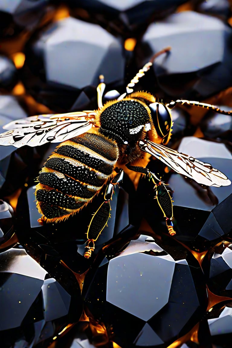 Honeybee made out of black diamonds, honeycomb shimmering glistening black diamonds that twinkle, honey falling to the grounds, gold string ties it all together, p1nkblackd1am0nds, enhanced textures, creative, beautiful, vibrant, masterpiece, 8k, ultra HD, ultra-detailed, amazing quality, amazing artist, sharp edges, detailed textures, full view, atmospheric lighting, amazing visuals