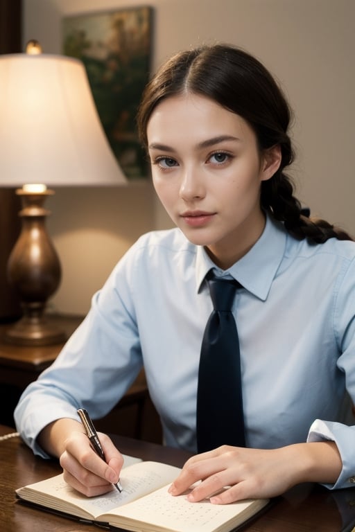 Best quality, masterpiece,  solo, perfect face, perfect eyes, brown hair, long braids, shirt, tie, lamp, table, pen, notebook, writing in notebook, looking at viewer