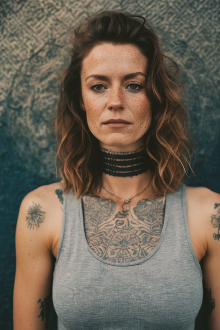 photo, rule of thirds, dramatic lighting, medium hair, detailed face, detailed nose, woman wearing tank top, freckles, collar or choker, smirk, tattoo, intricate background
,realism,realistic,raw,analog,woman,portrait,photorealistic,analog,realism