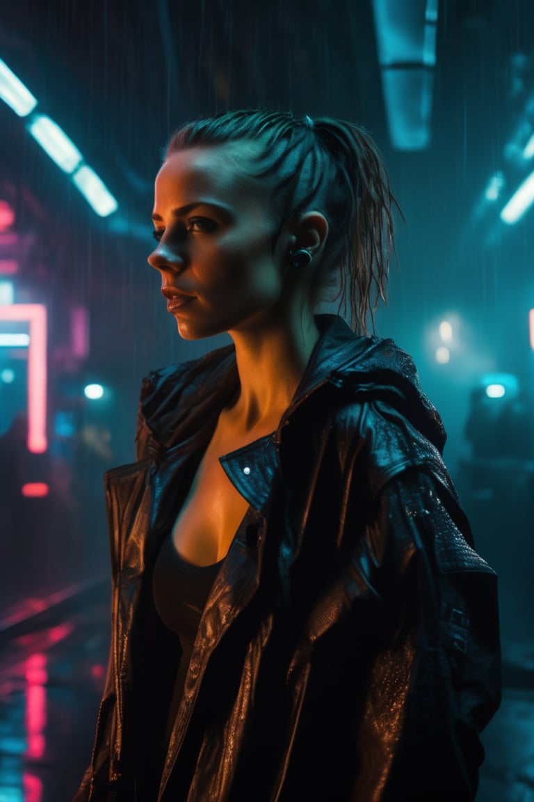 Transport viewers to a rain-soaked dystopian future with an exquisitely detailed portrait of a young woman adorned in cyberpunk attire. Her flat chest and small breasts add to her unique beauty as she engages in an intriguing action amidst the atmospheric Blade Runner surroundings. Employ expert photographic lighting techniques to capture the realism of her features, bringing this composition to life in stunning 10k resolution.