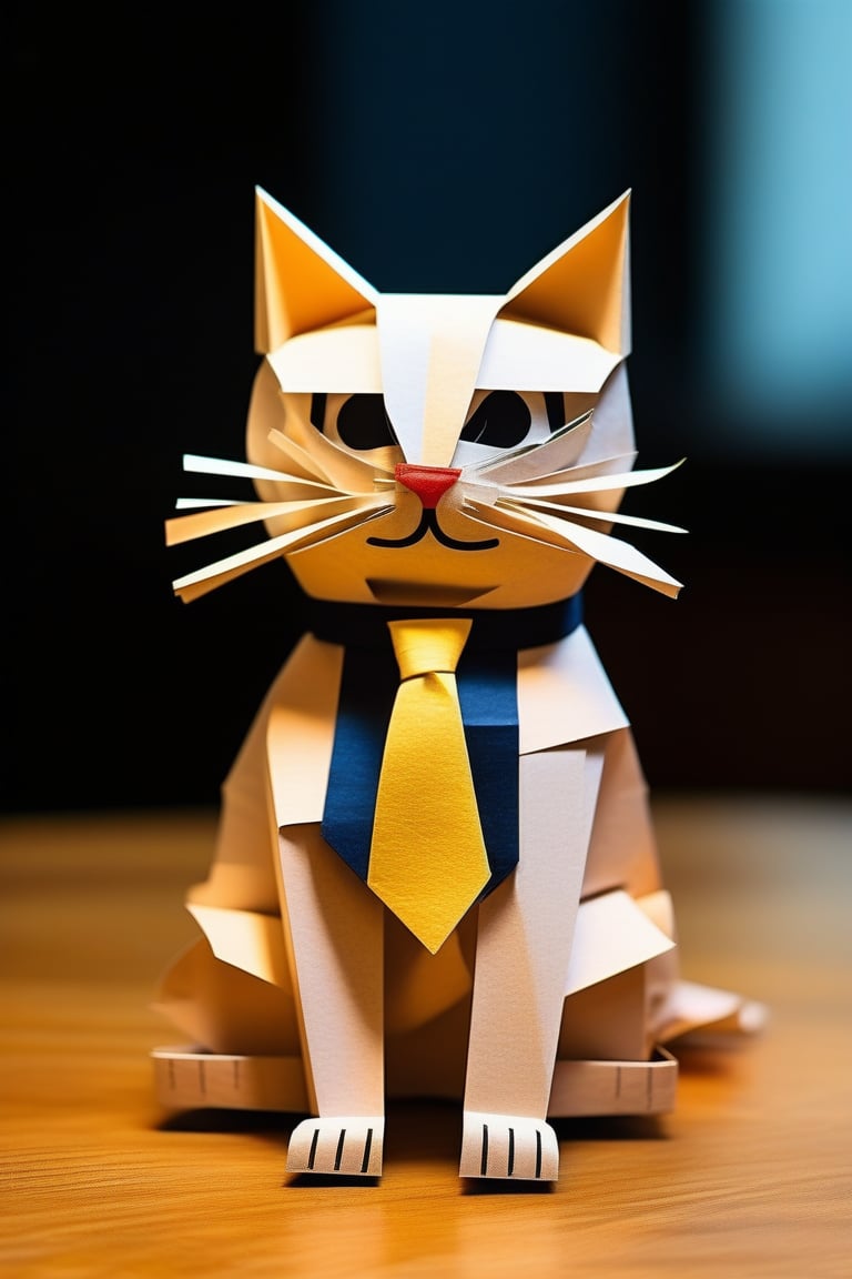 cat made of paper, cat with tie, close up, textured paper, on wooden table, fluorescent, glowing dust