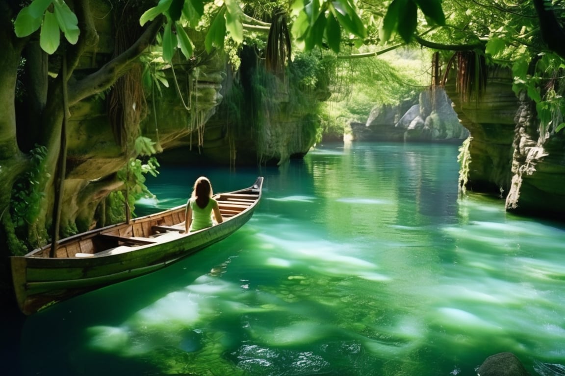 A serene island landscape: a young girl sitting on a wooden boat, surrounded by lush greenery of vines and towering trees. 