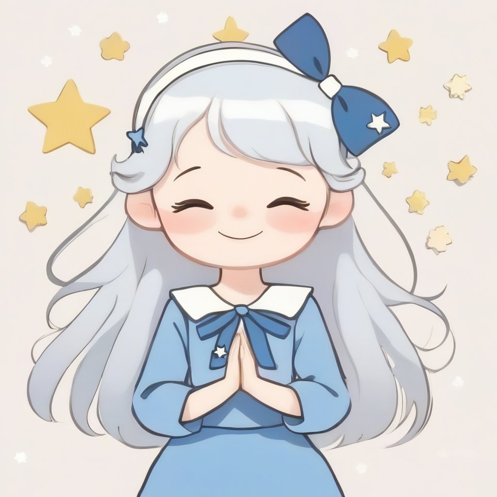 avatar cute, 1girl, solo, long hair, blush, smile, bangs, long sleeves, bow, ribbon, closed mouth, closed eyes, upper body, white hair, hair bow, hairband, star (symbol), blue dress, blue bow, facing viewer