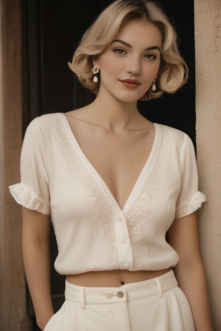 vintage photograph from the year 1920, sepia color, deteriorated image, an 18-year-old woman, short blonde hair combed back, sensual lips, earrings, fashionable makeup, white shirt, 1920s, downblouse, nipslip, fashion pants.