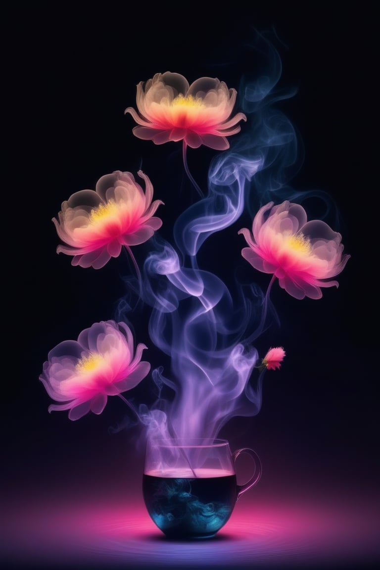 water, flower, smoke, no humans, black background, gradient background,