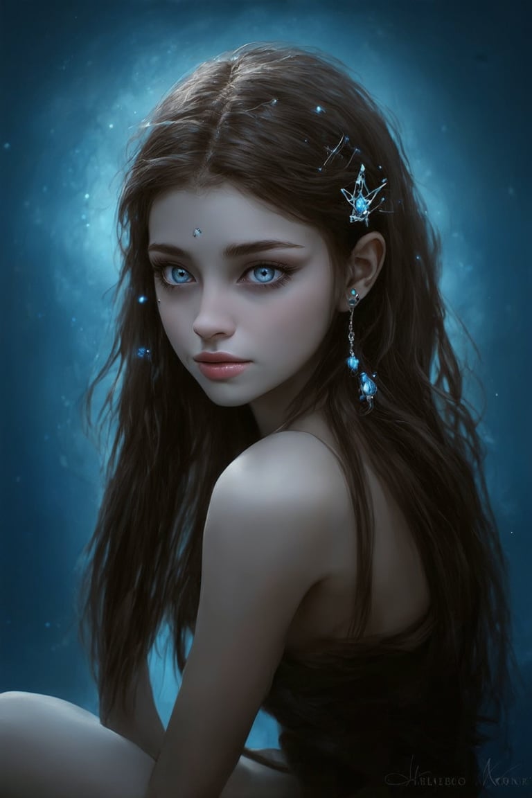 A mesmerizing portrait of a single girl with striking features. She sits proudly, her long, dark locks cascading down her back like a waterfall of night. Her piercing blue eyes lock onto the viewer's gaze, as if sharing a secret. A delicate hair ornament adorns her crown, drawing attention to her radiant lips and pert nose. Her glowing complexion is a warm, golden brown, accented by a subtle blue undertone that complements her mystical aura. The overall mood is one of ethereal serenity, set against a serene blue background that seems to emanate from the very essence of her being.