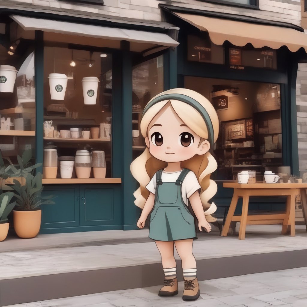 avatar cute, adorable blonde girl, wearing cute outfit standing outside coffee shop, full body, chibi,