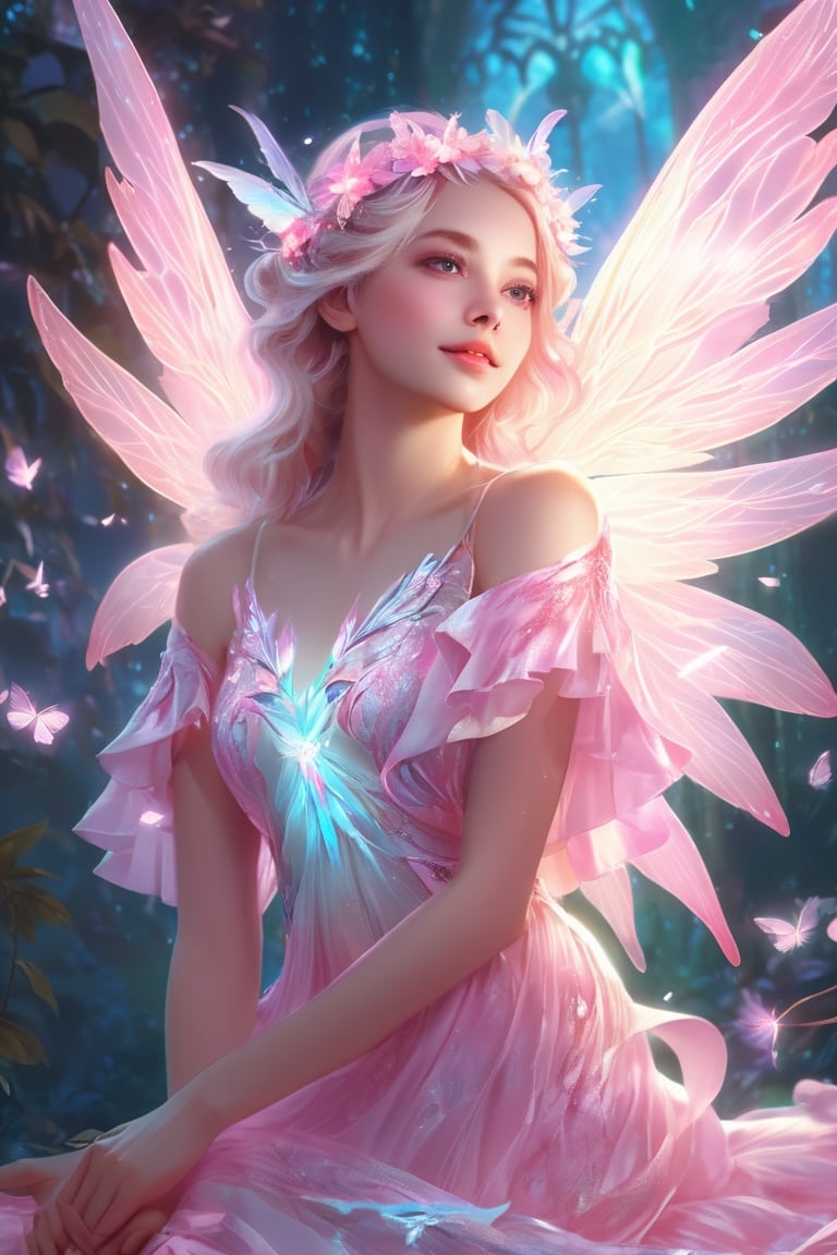 there is a picture of a pretty fairy with a pink dress, fairy aesthetics, of an beautiful angel girl, rossdraws pastel vibrant, beautiful fairy, cute detailed digital art, beautiful character painting, rossdraws, of beautiful angel, 8k high quality detailed art, rossdraws 2.5, anime fantasy illustration, portrait of a fairy, fantasy art style, beautiful angel