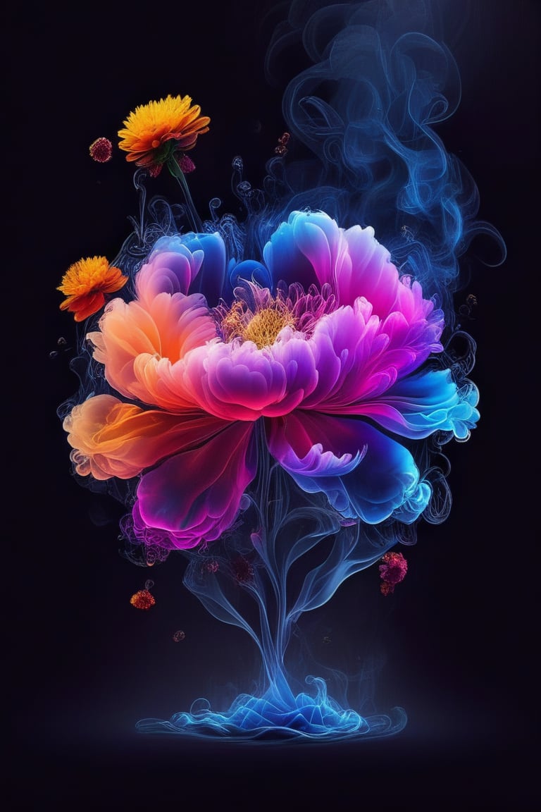 water, flower, smoke, no humans, black background, gradient background,