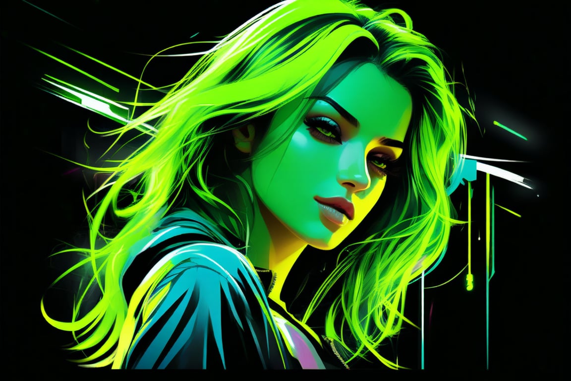 cover painting banner a girl with green neon hair, green cloth, car, black background, contact eyes, best quality