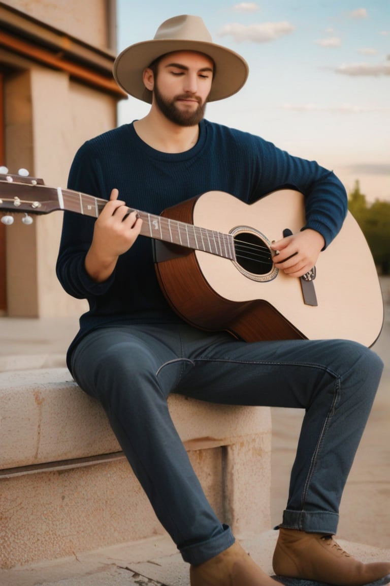 solo, brown hair, 1boy, hat, sitting, male focus, outdoors, facial hair, instrument, beard, music, guitar, playing instrument, acoustic guitar