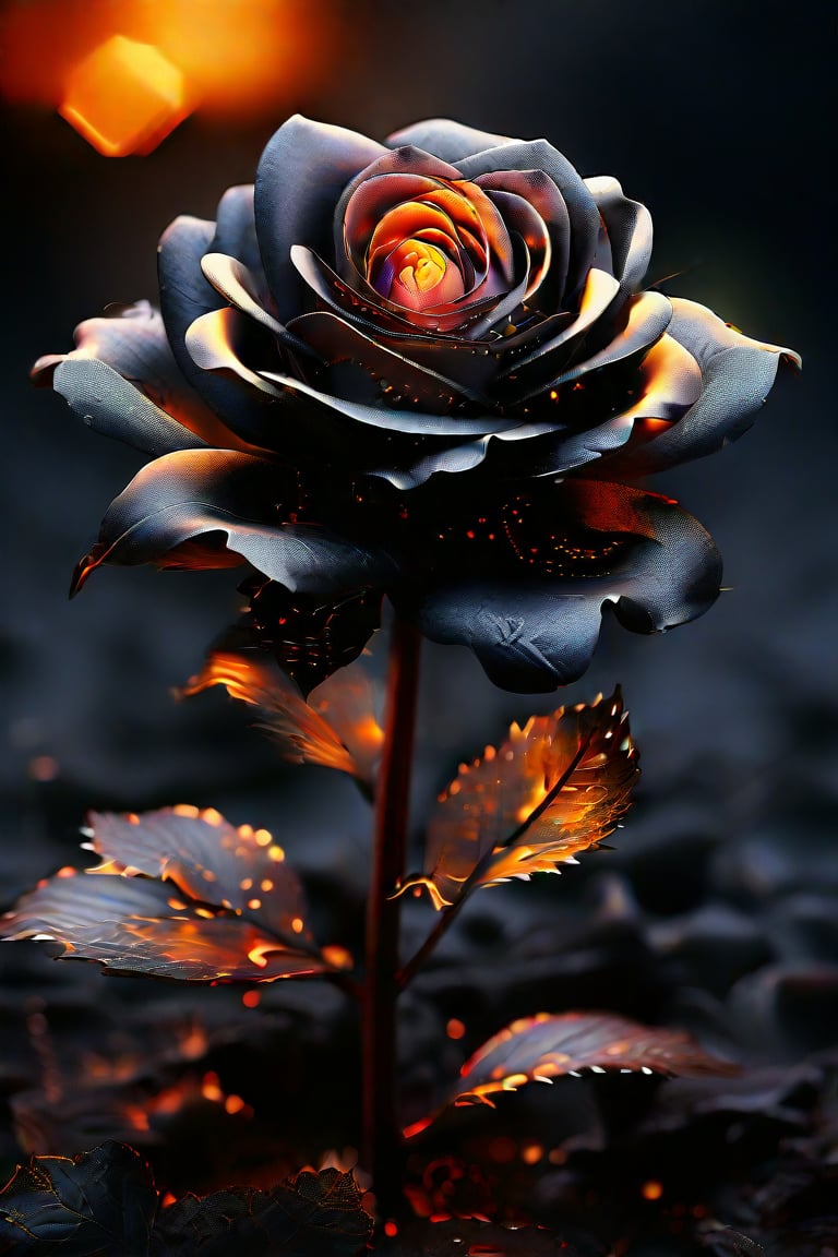 cinematic photo breathtaking hyperrealistic art A digital illustration combining elements of two images: a scene of black, charred roses with faetastic Glowing  embers amidst a dark, ash-covered ral-oilspill ground, and an shiny intricate  fractal design resembling a ral-polishedsteel golden flower with complex patterns and details. The composition blends the dark, burnt elements with the bright, glossy elegant fractal flower, creating a dramatic and surreal visual effect with high contrast and day-glo details. Extremely high-resolution details, photographic, realism pushed to extreme, fine texture, incredibly lifelike . award-winning, professional, highly detailed . 35mm photograph, film, bokeh, professional, 4k, highly detailed