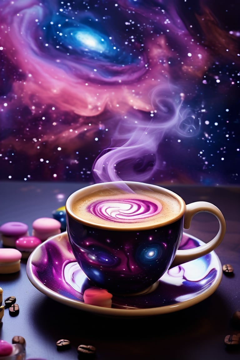 enchanting scene, a steaming cup of coffee, the liquid within the cup forms a swirling cosmic galaxy, The coffee surface is a mesmerizing mix of deep purples and blues and pinks dotted with stars and nebulae, fit the vastness of space inside the cup, The cup rests on a saucer that reflects the celestial patterns, surrounded by tiny star-shaped cookies and cosmic-themed decorations, The atmosphere is magical and dreamy,vivid color