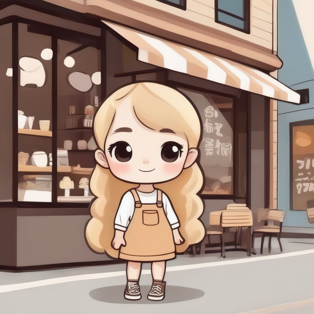 avatar cute, adorable blonde girl, wearing cute outfit standing outside coffee shop, full body, chibi,