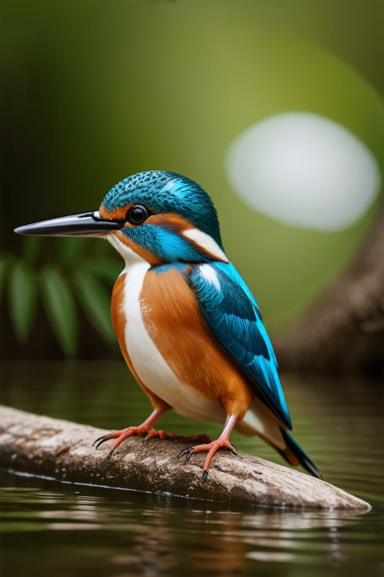 close up angle of, , ((),(3d Kingfisher in md air)) surrounded by jungle( waters), bird, detailed focus, deep bokeh, beautiful, , bight vib background. Visually delightful, 3D