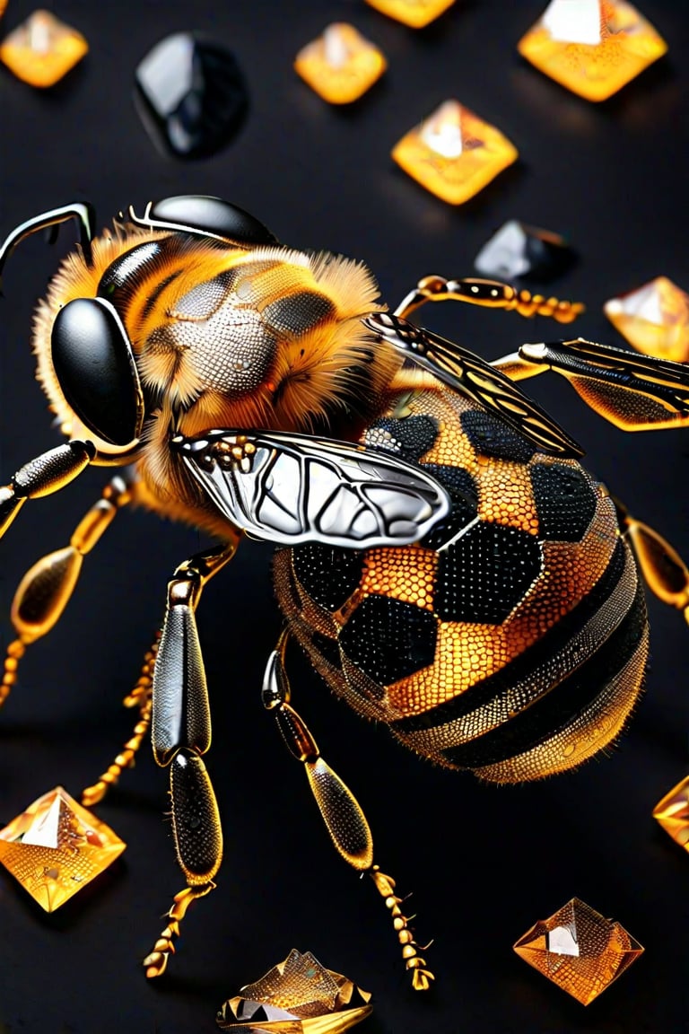 Honeybee made out of black diamonds, honeycomb shimmering glistening black diamonds that twinkle, honey falling to the grounds, gold string ties it all together, p1nkblackd1am0nds, enhanced textures, creative, beautiful, vibrant, masterpiece, 8k, ultra HD, ultra-detailed, amazing quality, amazing artist, sharp edges, detailed textures, full view, atmospheric lighting, amazing visuals