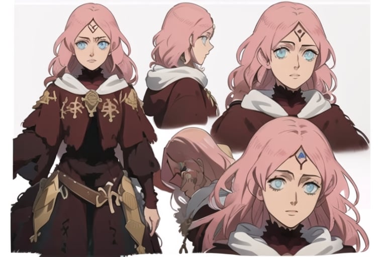 White background:1.5, character sheet, 

((best quality)), masterpiece, ((official art)),  beautiful face, tonemapping, sharp focus,high res,official art, Fana, 1girl, long hair, blue eyes, pink hair , forehead mark

,
