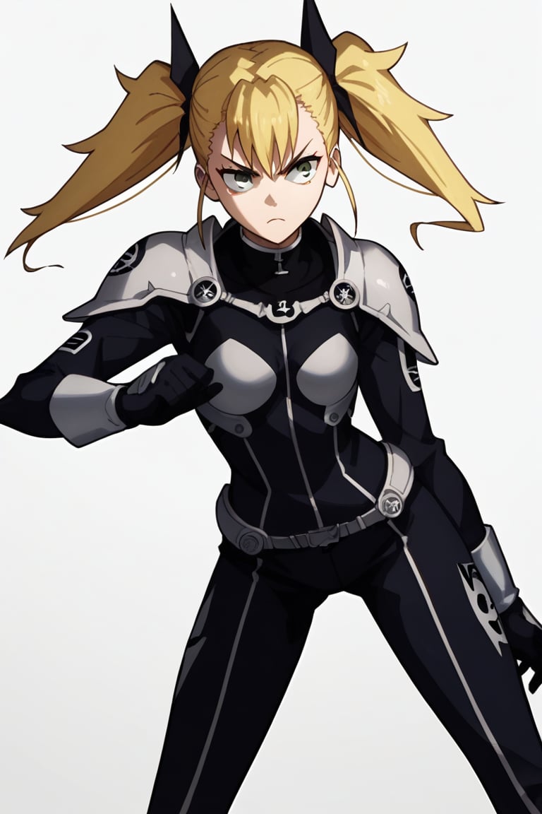 , shinomiya kikoru, solo, kaiju combat suit, black suit, standing, twintails, shoulder pads,score_9,score_8_up,score_7_up,source_anime,  

, white background,