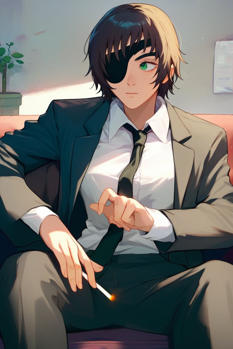 score_9, score_8_up, score_7_up, solo, 1girl, csmhimeno, expressionless, looking away, sitting, couch, holding cigarette, between fingers, green eyes, eyepatch, formal, black jacket, suit jacket, open jacket, long sleeves, white shirt, collared shirt, shirt tucked in, black necktie, black pants, indoors 