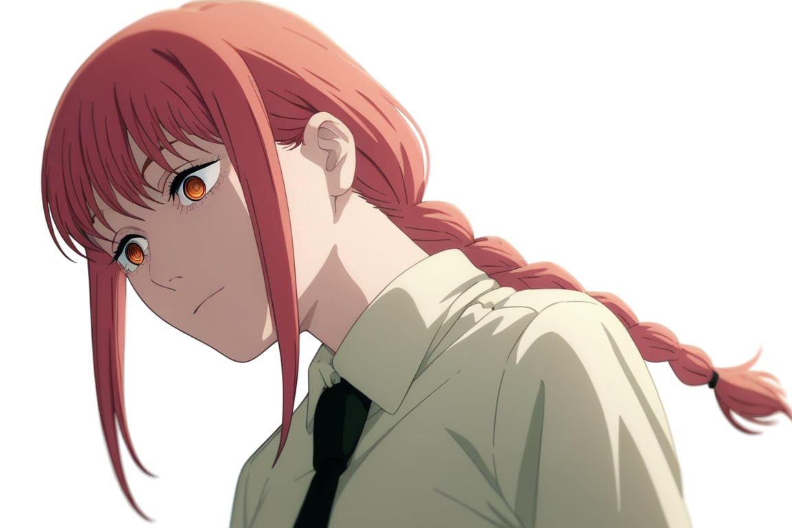 score_9, score_8_up, score_7_up, score_6_up, score_5_up, score_4_up, BREAK, source_anime,makima_v1, 1girl, red hair, ringed eyes, braided ponytail, solo, black necktie, shirt, collared shirt,black_pants,

, close-up view,




,(( white background, blank background)),chainsaw_man_style