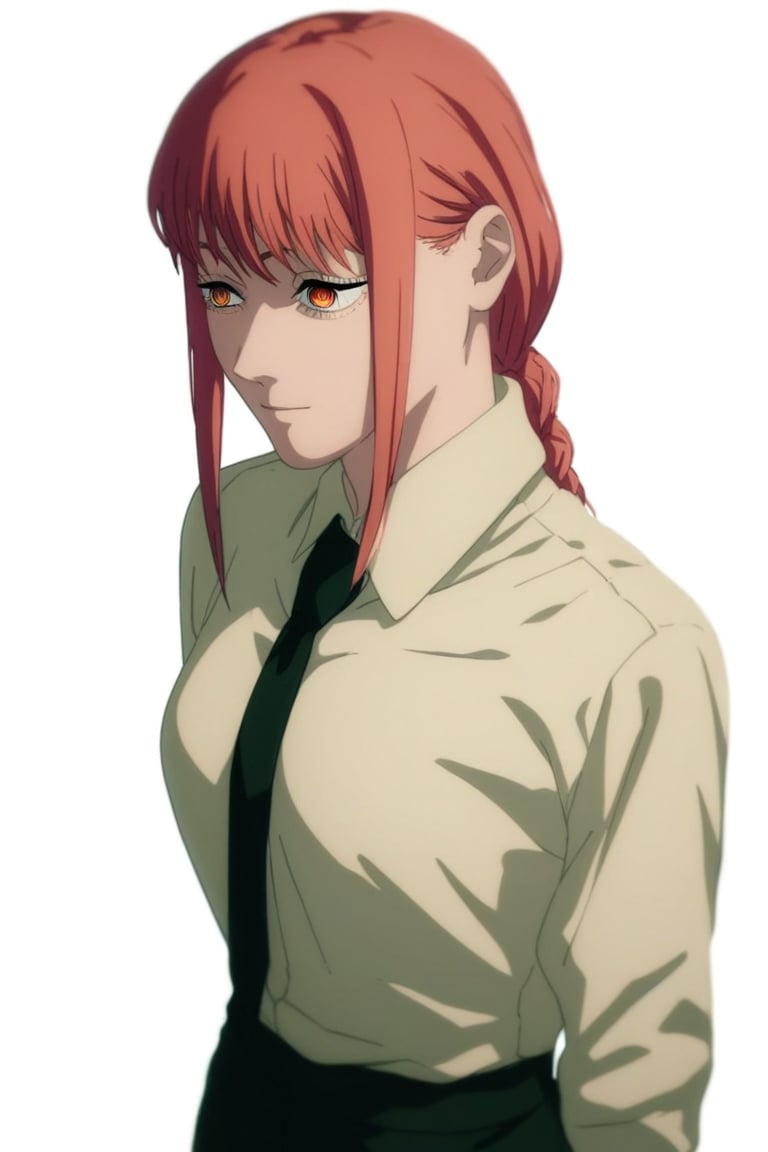 score_9, score_8_up, score_7_up, score_6_up, score_5_up, score_4_up, BREAK, source_anime,makima_v1, 1girl, red hair, ringed eyes, braided ponytail, solo, black necktie, shirt, collared shirt,black_pants,

, close-up view,




,(( white background, blank background)),chainsaw_man_style