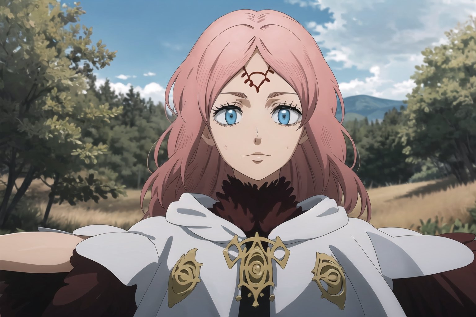 White background:1,

((best quality)), masterpiece, ((official art)),  beautiful face, tonemapping, sharp focus,high res,official art, Fana, 1girl, long hair, blue eyes, pink hair , forehead mark

,