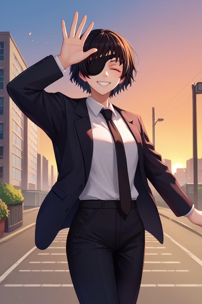 score_9, score_8_up, score_7_up, source_anime, solo, 1girl, csmhimeno, grin, looking at viewer, standing, waving, closed eyes, eyepatch, formal, black jacket, suit jacket, open jacket, long sleeves, white shirt, collared shirt, shirt tucked in, black necktie, black pants, sunset, outdoors, city street 