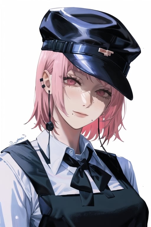 fami \(chainsaw man\), pink hair, red eyes, jewelry, earrings

Default Outfit: black hat, school uniform, pinafore dress, white shirt, neck ribbon

White background:1.5