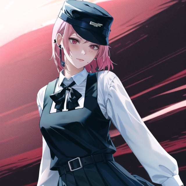 fami \(chainsaw man\), pink hair, red eyes, jewelry, earrings

Default Outfit: black hat, school uniform, pinafore dress, white shirt, neck ribbon