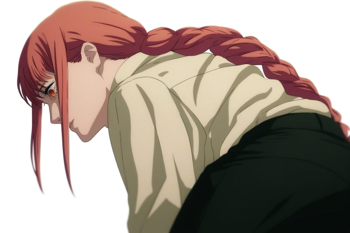 score_9, score_8_up, score_7_up, score_6_up, score_5_up, score_4_up, BREAK, source_anime,makima_v1, 1girl, red hair, ringed eyes, braided ponytail, solo, black necktie, shirt, collared shirt,black_pants,

, close-up view,




,(( white background, blank background)),chainsaw_man_style