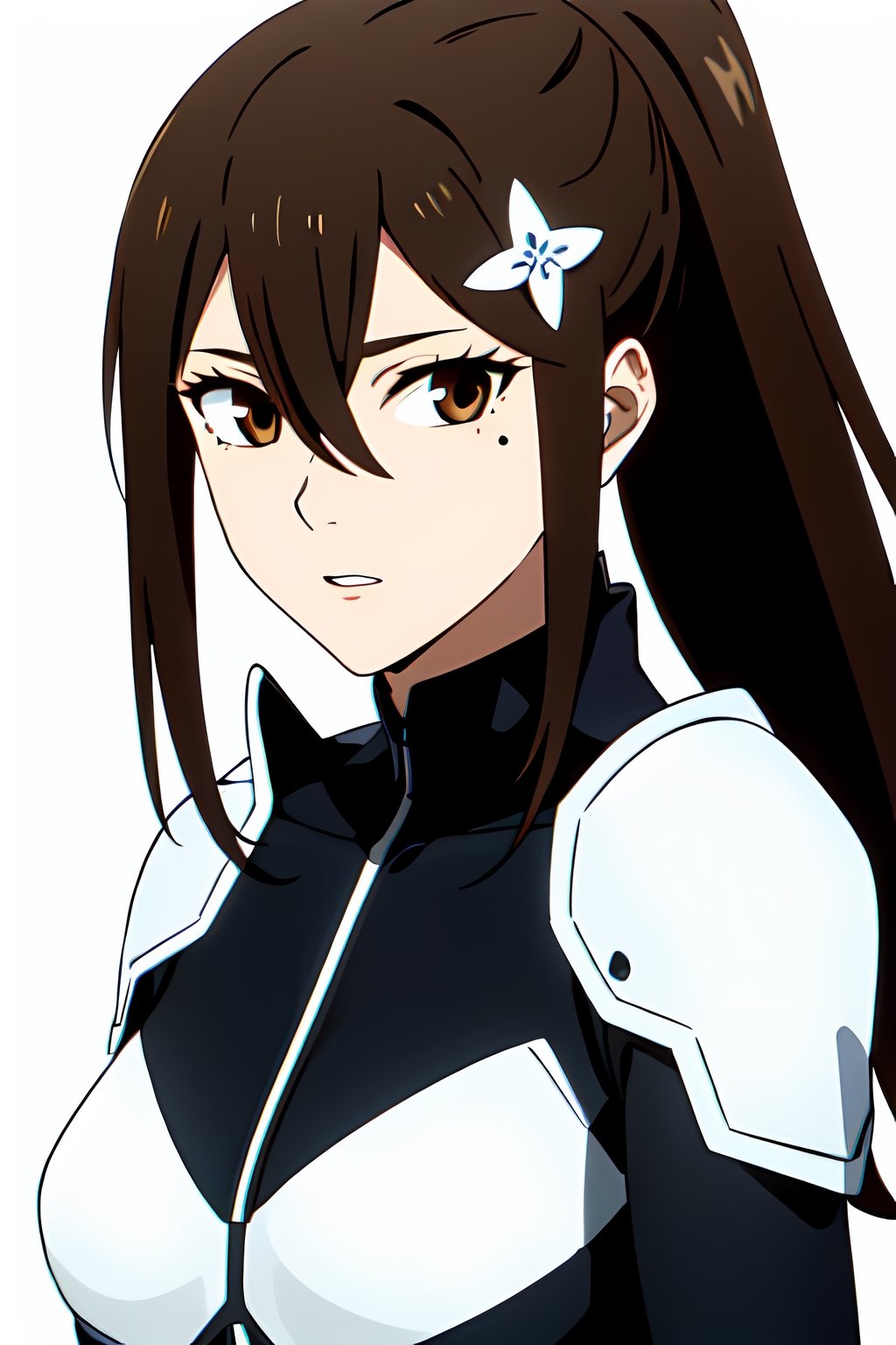 Masterpiece, best quality, hi-res, dynamic lighting, highly detailed

1girl, solo, mature female, long hair, hair between eyes, mole, brown eyes, ponytail, hair ornament,
 
, Bodysuit, armor,


, ((white background, blank background )):1