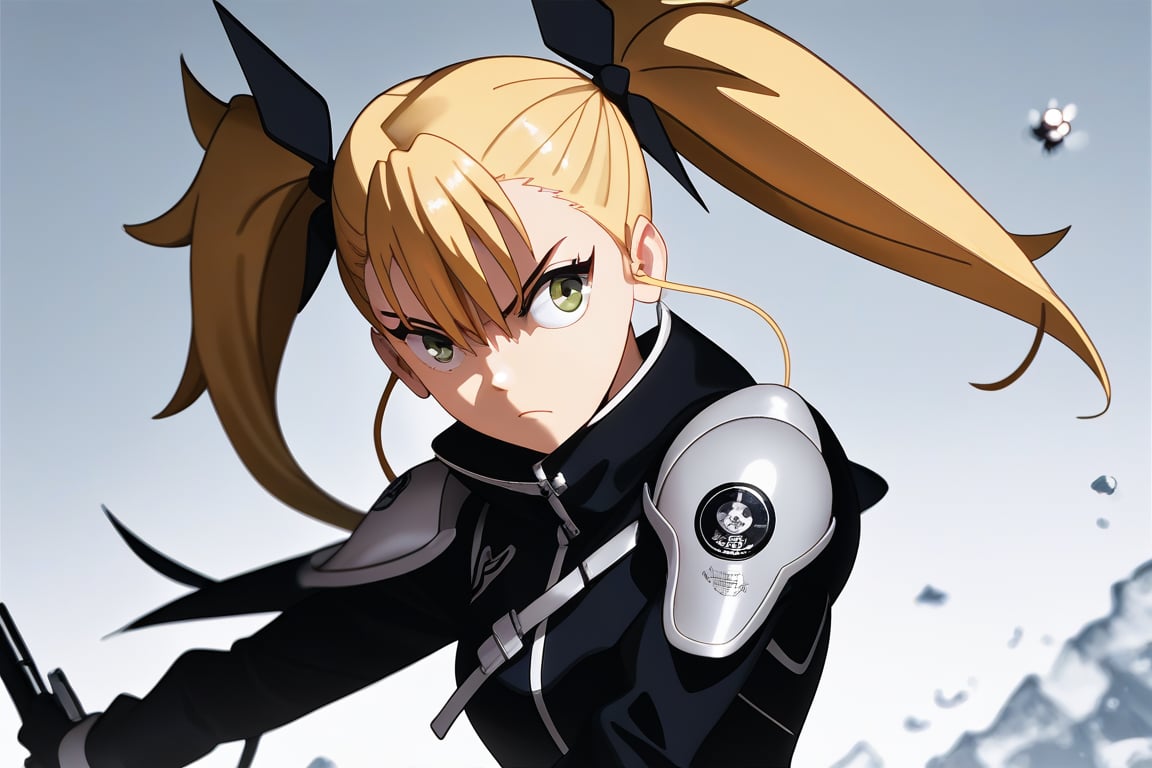 , shinomiya kikoru, solo, kaiju combat suit, black suit, standing, twintails, shoulder pads,score_9,score_8_up,score_7_up,source_anime,  

, white background,