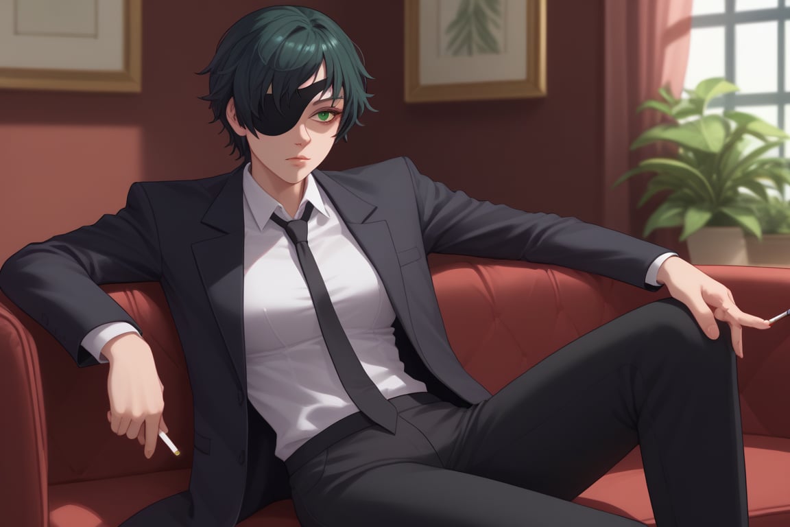 score_9, score_8_up, score_7_up, solo, 1girl, csmhimeno, expressionless, looking away, sitting, couch, holding cigarette, between fingers, green eyes, eyepatch, formal, black jacket, suit jacket, open jacket, long sleeves, white shirt, collared shirt, shirt tucked in, black necktie, black pants, indoors 