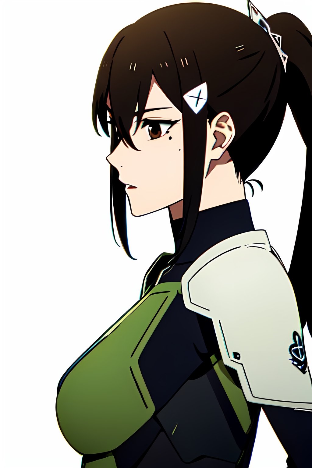 1girl, solo, mature female, long hair, hair between eyes, mole, brown eyes, ponytail, hair ornament,
 
, Bodysuit, armor,

Character sheet
, ((white background )):1