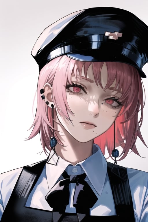 fami \(chainsaw man\), pink hair, red eyes, jewelry, earrings

Default Outfit: black hat, school uniform, pinafore dress, white shirt, neck ribbon

White background:1