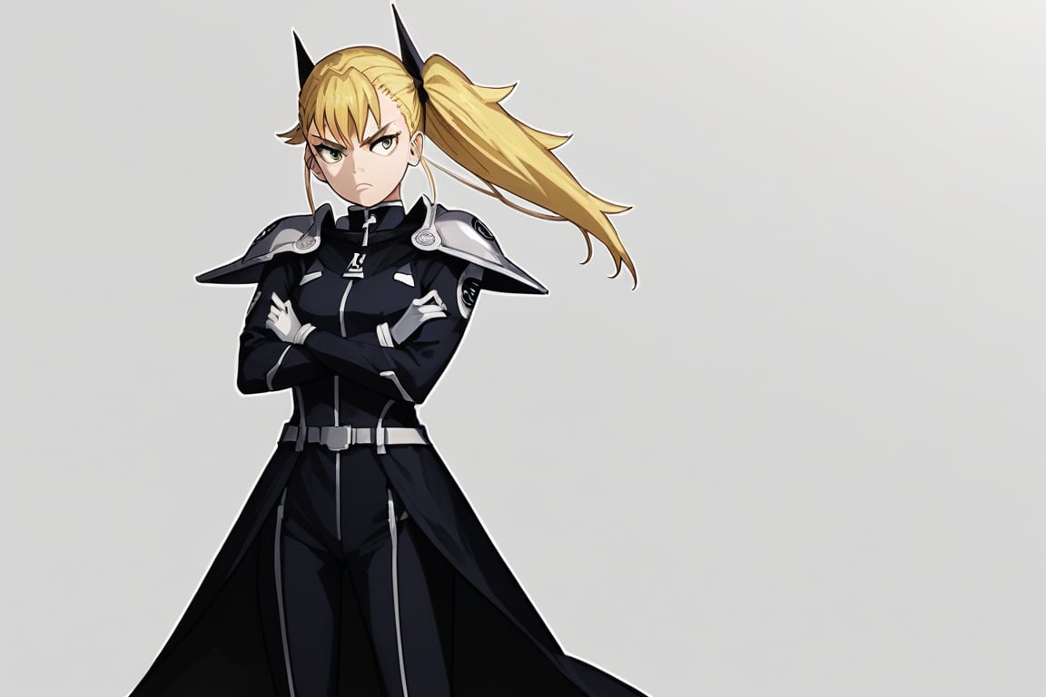 , shinomiya kikoru, solo, kaiju combat suit, black suit, standing, arms crossed, shoulder pads,score_9,score_8_up,score_7_up,source_anime,  

, white background,