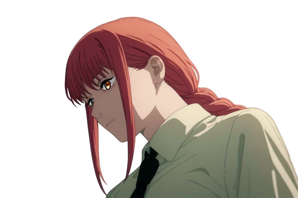 score_9, score_8_up, score_7_up, score_6_up, score_5_up, score_4_up, BREAK, source_anime,makima_v1, 1girl, red hair, ringed eyes, braided ponytail, solo, black necktie, shirt, collared shirt,black_pants,

, close-up view,




,(( white background, blank background)),chainsaw_man_style