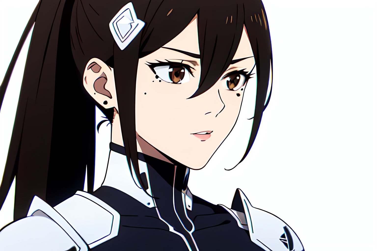 Masterpiece, best quality, hi-res, dynamic lighting, highly detailed

1girl, solo, mature female, long hair, hair between eyes, mole, brown eyes, ponytail, hair ornament,
 
, Bodysuit, armor,


, ((white background, blank background )):1